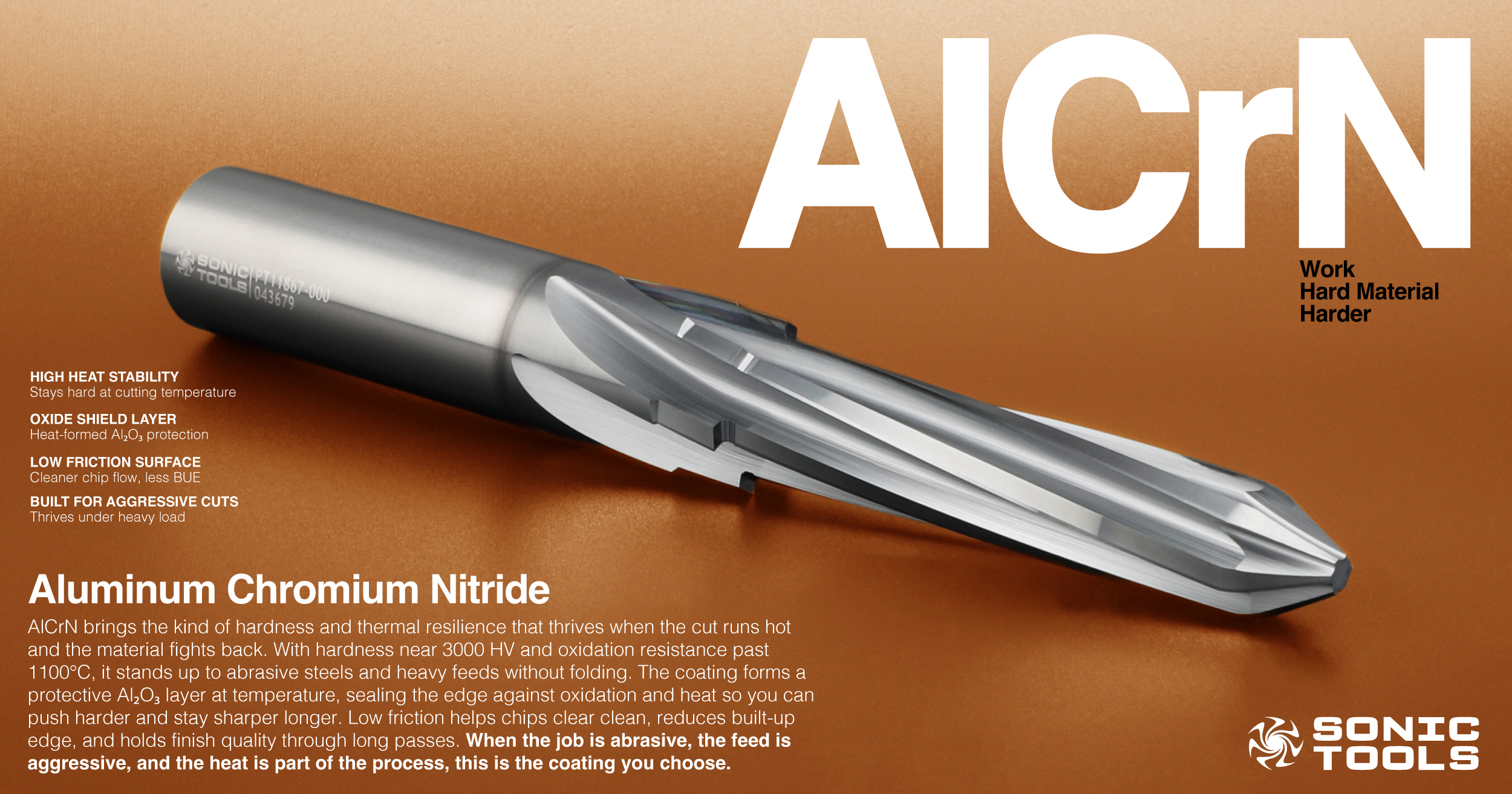 Graphic depicting an end mill coated with AlCrN, or Aluminum Chromium Nitride. This coating is a durable coating for carbide cutting tools and end mills.
