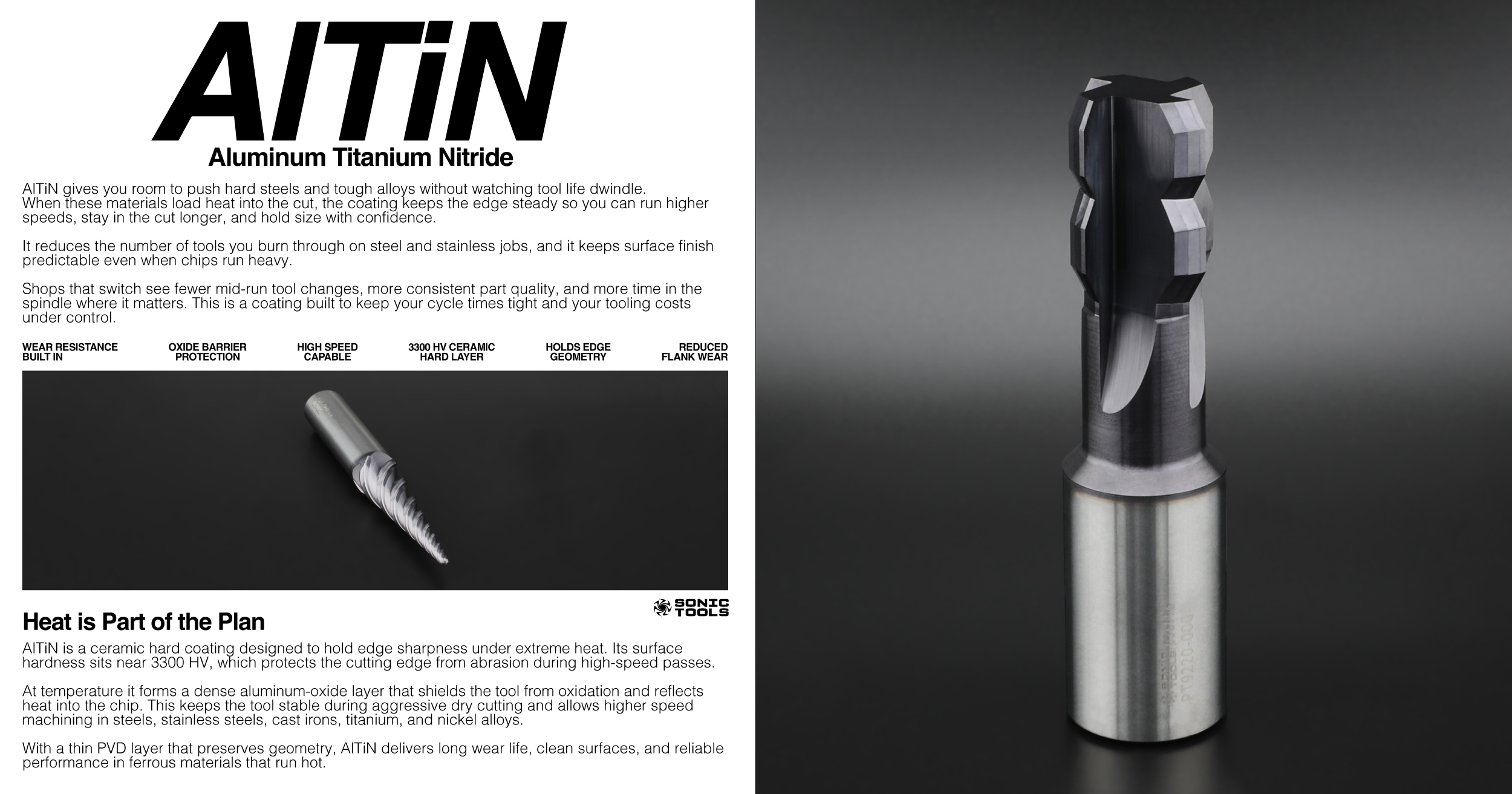 Graphic depicting AlTiN, or Aluminum Titanium Nitride. This graphic provides specs and details related to this popular coating for solid carbide end mills and carbide cutting tools.