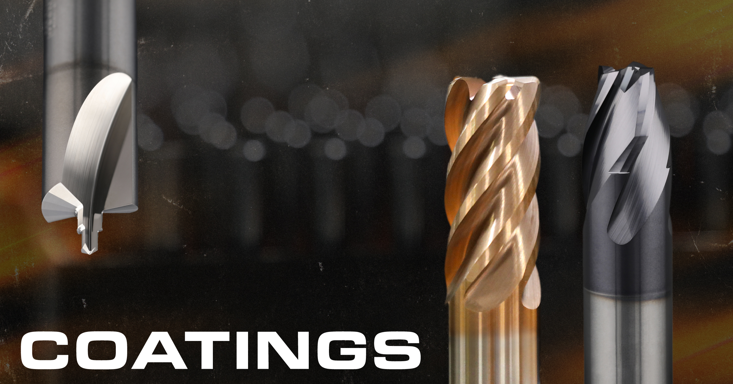 Three carbide end mills with different surface coatings: uncoated polished, AlTiN bronze, and TiAlSiN dark grey, illustrating coating selection for custom carbide tooling applications